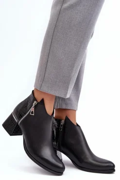 Damskie Skórzane Botki Na Niskim Słupku Zazoo 4111 Czarne