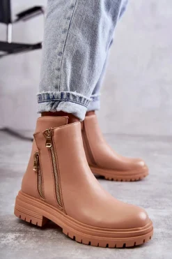 Damskie Skórzane Botki Na Suwak Beżowe Navarra