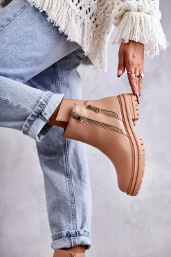 Damskie Skórzane Botki Na Suwak Beżowe Navarra