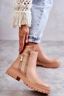 Damskie Skórzane Botki Na Suwak Beżowe Navarra