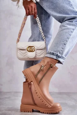 Damskie Skórzane Botki Na Suwak Beżowe Navarra