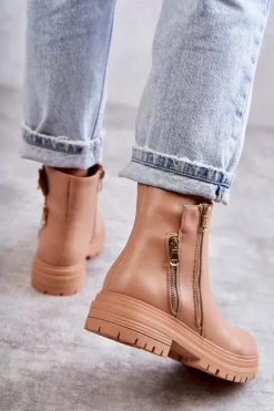 Damskie Skórzane Botki Na Suwak Beżowe Navarra