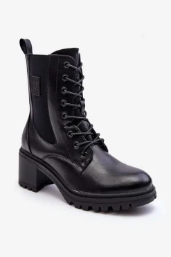 Damskie Skórzane Botki Na Obcasie Czarne Esnar