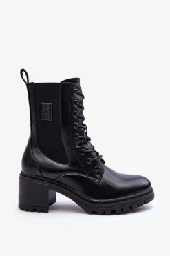 Damskie Skórzane Botki Na Obcasie Czarne Esnar