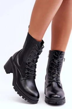 Damskie Skórzane Botki Na Obcasie Czarne Esnar