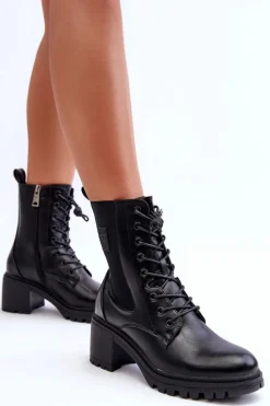 Damskie Skórzane Botki Na Obcasie Czarne Esnar