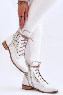 Damskie Skórzane Botki Na Suwak Lewski Shoes 3186 Biały Groch