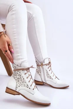 Damskie Skórzane Botki Na Suwak Lewski Shoes 3186 Biały Groch