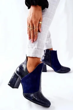 Damskie Skórzane Botki Na Słupku Granatowe I Wish