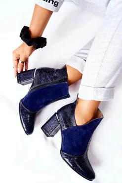 Damskie Skórzane Botki Na Słupku Granatowe I Wish