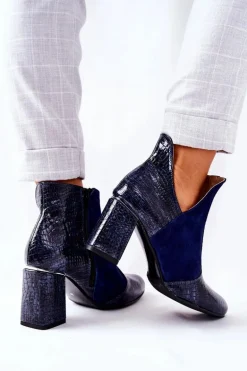 Damskie Skórzane Botki Na Słupku Granatowe I Wish