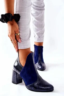 Damskie Skórzane Botki Na Słupku Granatowe I Wish