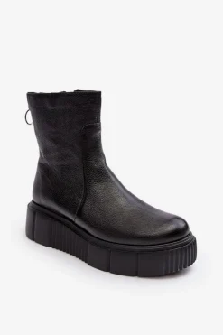 Damskie Skórzane Botki Na Platformie Czarne Lemar Jenefer