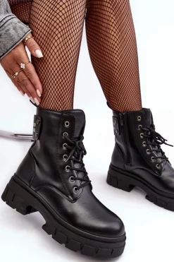 Damskie Skórzane Botki Na Platformie Czarne Lemar Jenefer