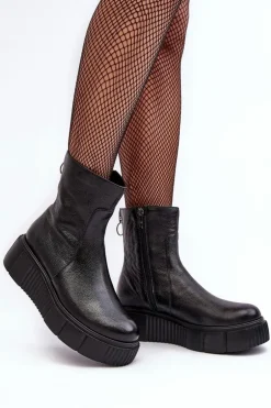 Damskie Skórzane Botki Na Platformie Czarne Lemar Jenefer