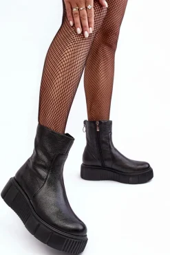 Damskie Skórzane Botki Na Platformie Czarne Lemar Jenefer