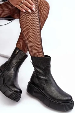 Damskie Skórzane Botki Na Platformie Czarne Lemar Jenefer