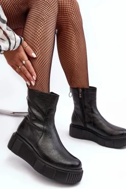 Damskie Skórzane Botki Na Platformie Czarne Lemar Jenefer