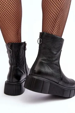 Damskie Skórzane Botki Na Platformie Czarne Lemar Jenefer