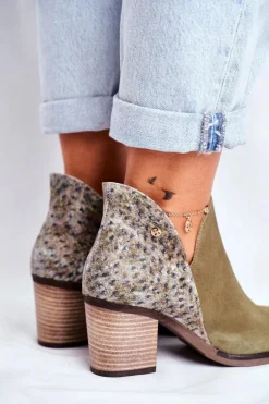 Damskie Skórzane Botki Na Słupku Maciejka Oliwkowe 04492-24