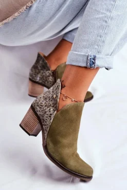 Damskie Skórzane Botki Na Słupku Maciejka Oliwkowe 04492-24