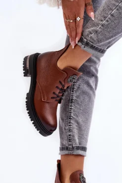 Damskie Skórzane Botki Na Płaskim Obcasie Brązowe Lemar Charline