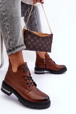 Damskie Skórzane Botki Na Płaskim Obcasie Brązowe Lemar Charline