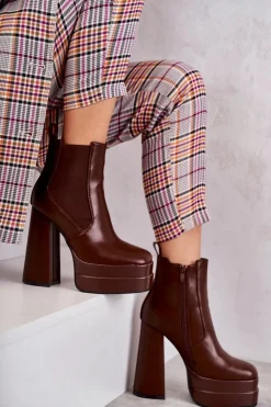 Damskie Skórzane Botki Na Masywnym Obcasie Brązowe Jones