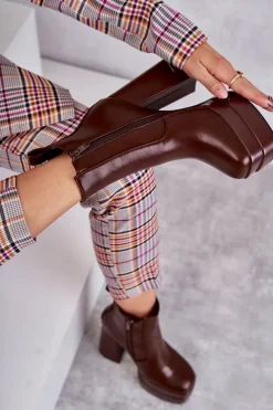 Damskie Skórzane Botki Na Masywnym Obcasie Brązowe Jones