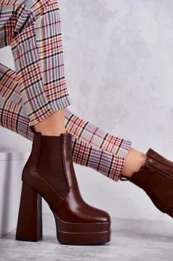 Damskie Skórzane Botki Na Masywnym Obcasie Brązowe Jones