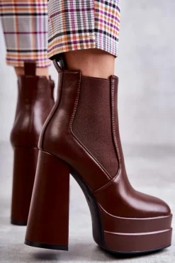 Damskie Skórzane Botki Na Masywnym Obcasie Brązowe Jones