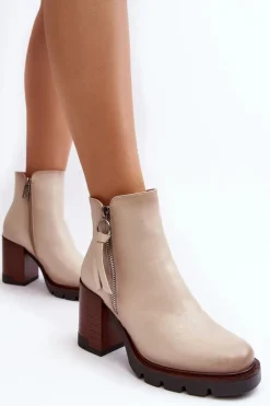 Damskie Skórzane Botki Na Słupku Beżowe Brittney