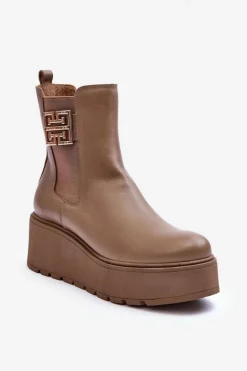 Damskie Skórzane Botki Na Masywnej Platformie Ciemnobeżowe Lemar Savira