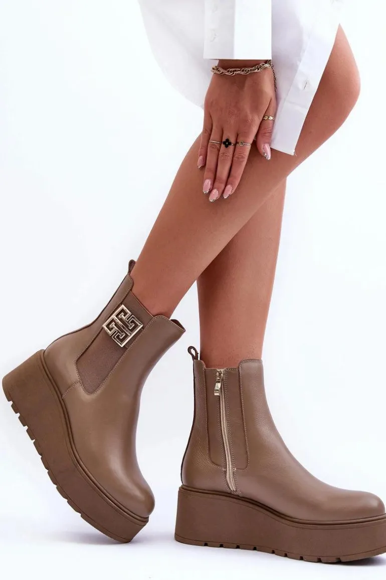 Damskie Skórzane Botki Na Masywnej Platformie Ciemnobeżowe Lemar Savira