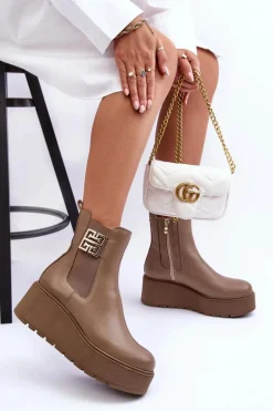 Damskie Skórzane Botki Na Masywnej Platformie Ciemnobeżowe Lemar Savira