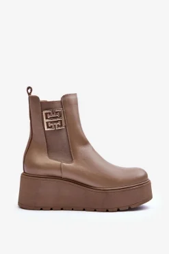 Damskie Skórzane Botki Na Masywnej Platformie Ciemnobeżowe Lemar Savira