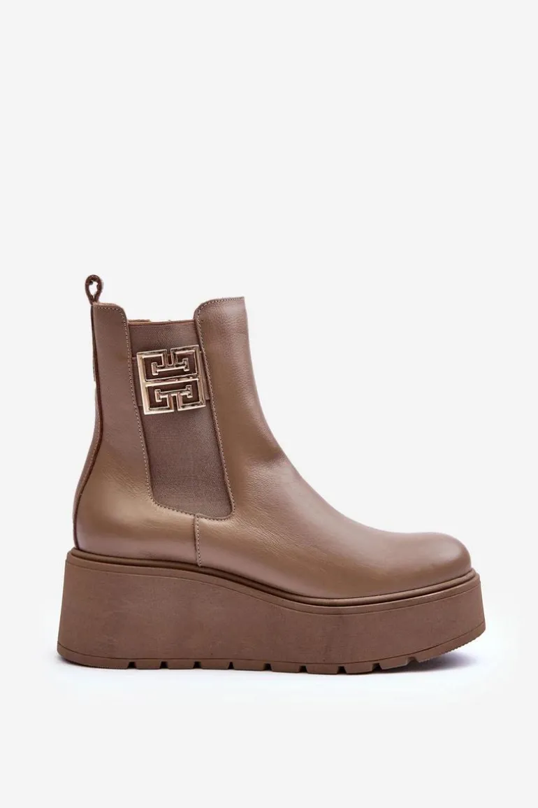 Damskie Skórzane Botki Na Masywnej Platformie Ciemnobeżowe Lemar Savira