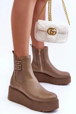 Damskie Skórzane Botki Na Masywnej Platformie Ciemnobeżowe Lemar Savira