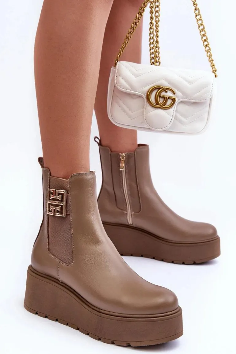 Damskie Skórzane Botki Na Masywnej Platformie Ciemnobeżowe Lemar Savira