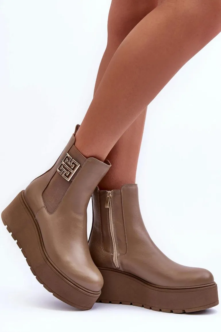 Damskie Skórzane Botki Na Masywnej Platformie Ciemnobeżowe Lemar Savira