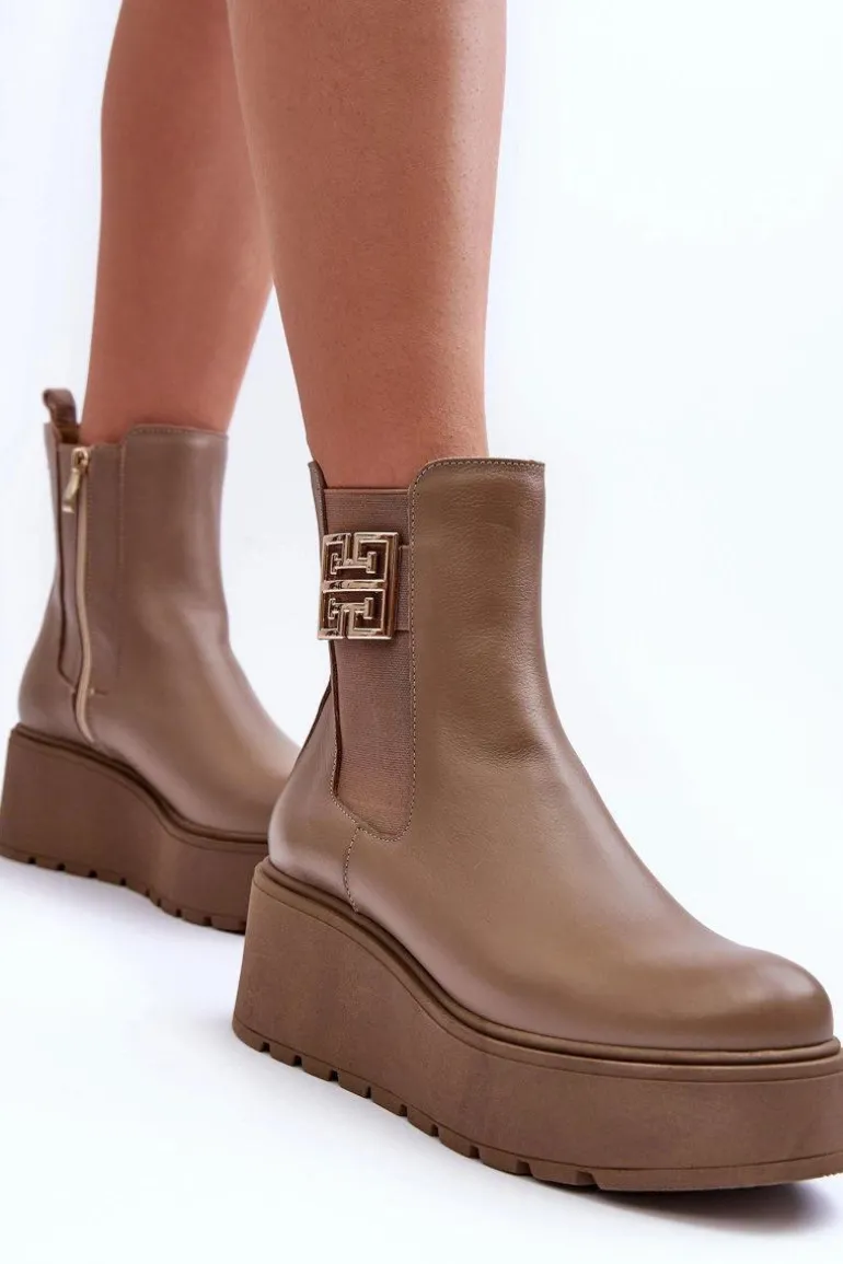 Damskie Skórzane Botki Na Masywnej Platformie Ciemnobeżowe Lemar Savira