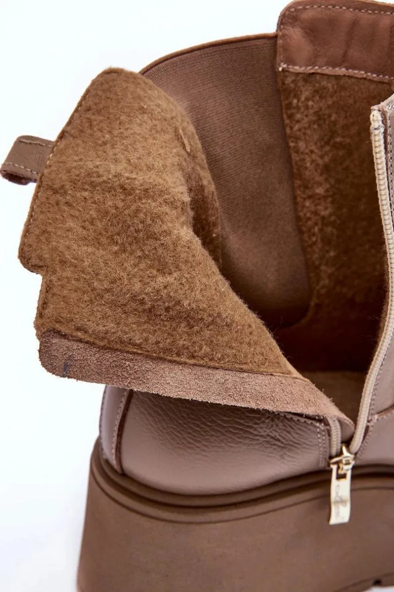 Damskie Skórzane Botki Na Masywnej Platformie Ciemnobeżowe Lemar Savira