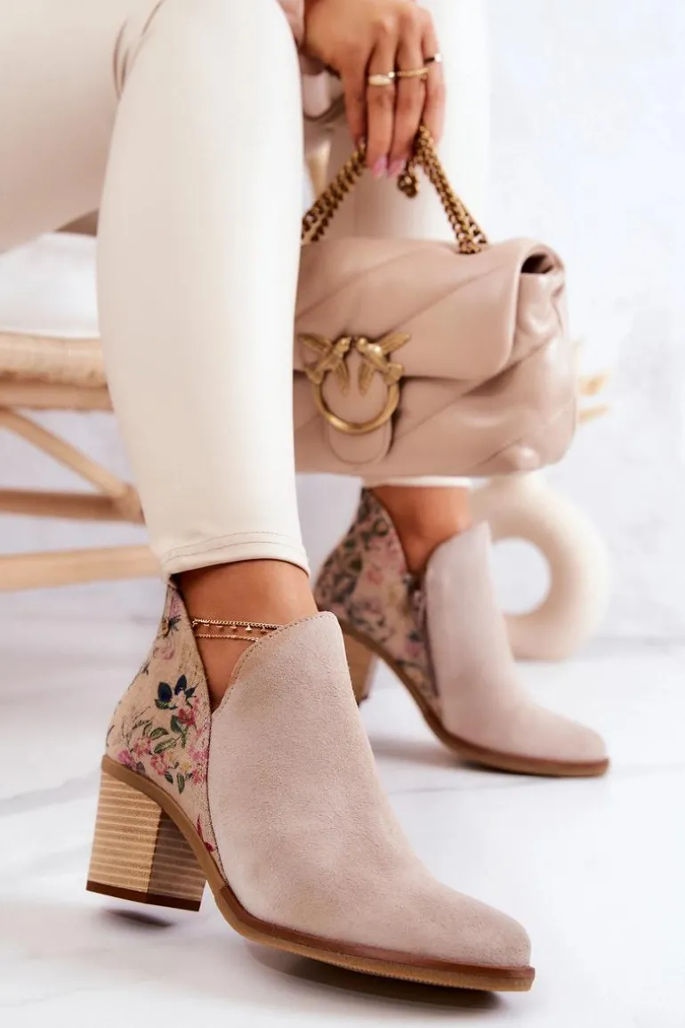 Damskie Skórzane Botki Na Słupku Maciejka Jasnobeżowe 04492