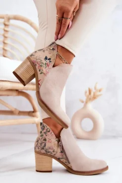 Damskie Skórzane Botki Na Słupku Maciejka Jasnobeżowe 04492