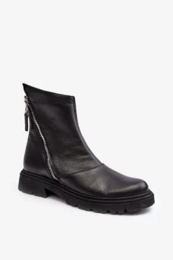 Damskie Skórzane Botki Na Płaskim Obcasie Laura Messi 2620/975 Czarne