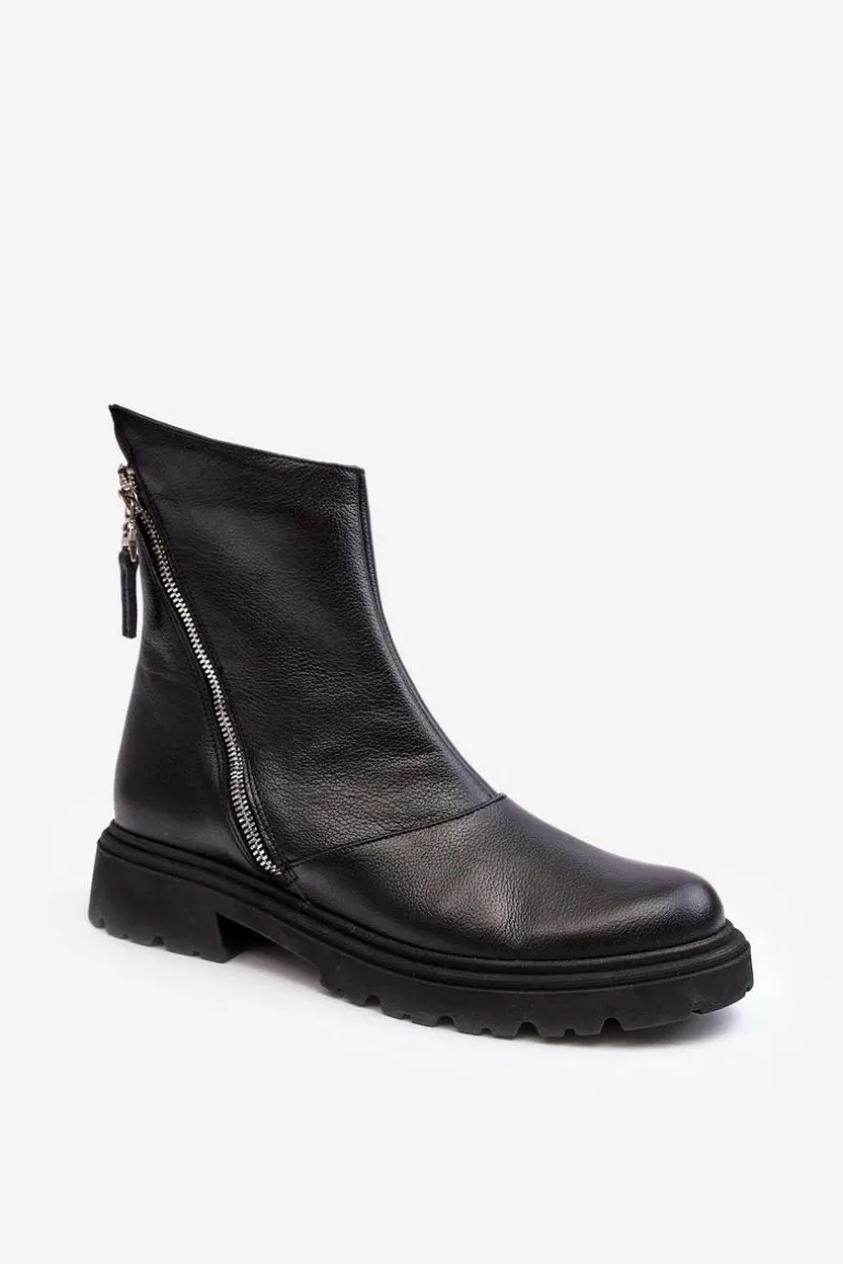 Damskie Skórzane Botki Na Płaskim Obcasie Laura Messi 2620/975 Czarne