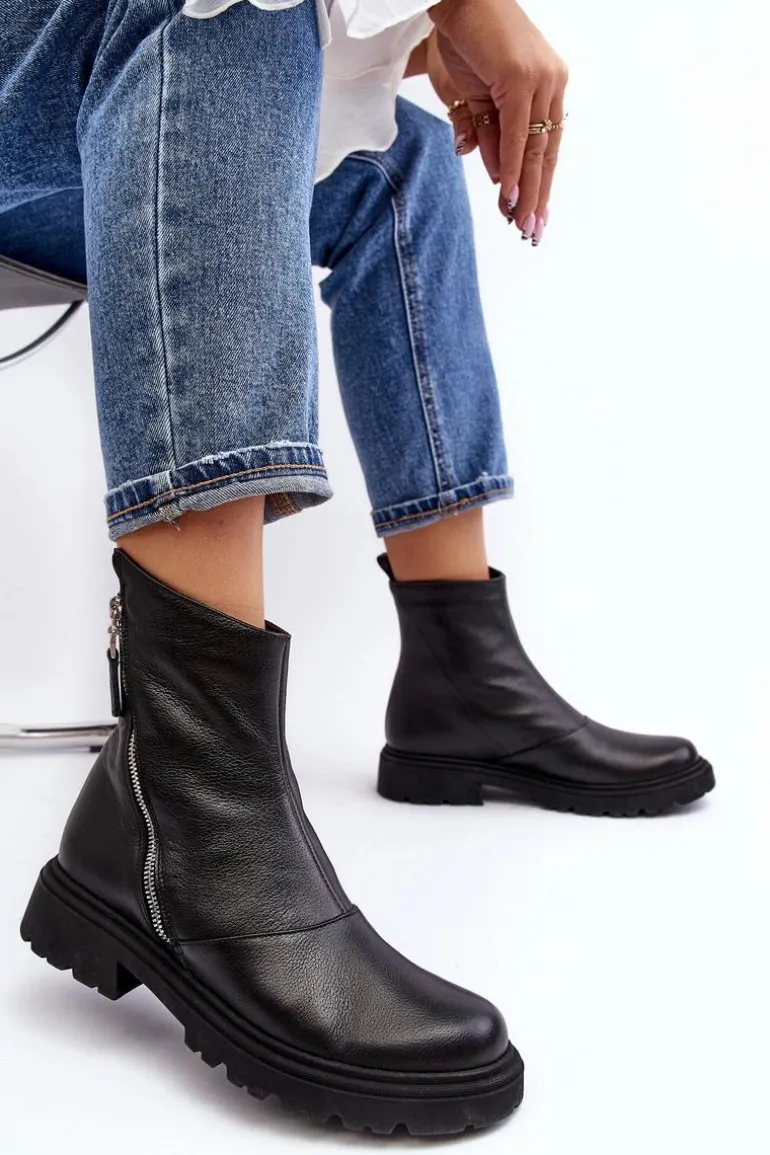 Damskie Skórzane Botki Na Płaskim Obcasie Laura Messi 2620/975 Czarne