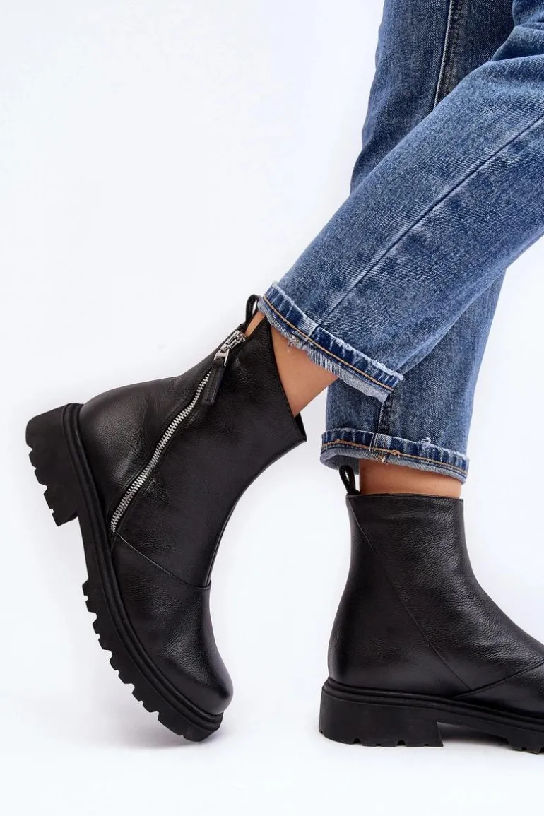 Damskie Skórzane Botki Na Płaskim Obcasie Laura Messi 2620/975 Czarne