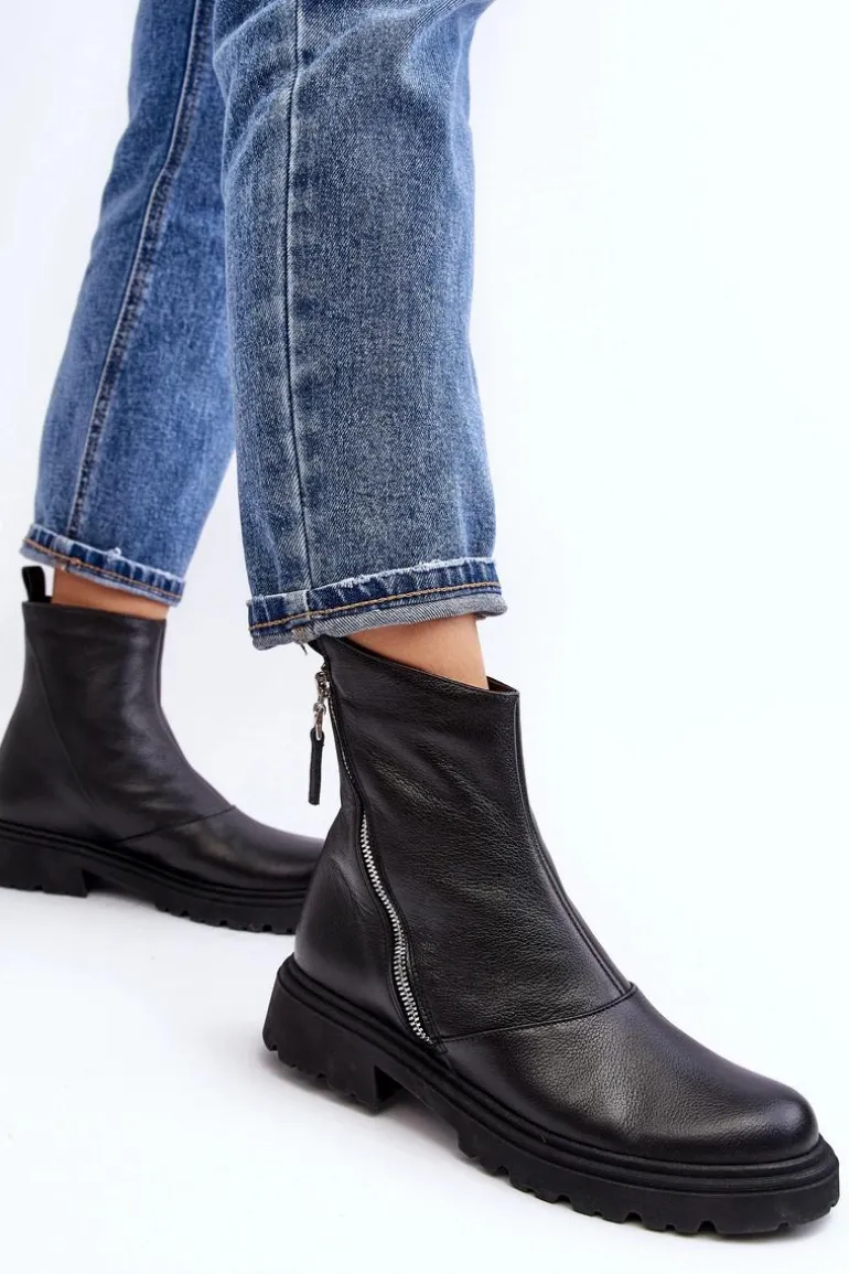 Damskie Skórzane Botki Na Płaskim Obcasie Laura Messi 2620/975 Czarne