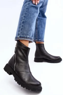 Damskie Skórzane Botki Na Płaskim Obcasie Laura Messi 2620/975 Czarne